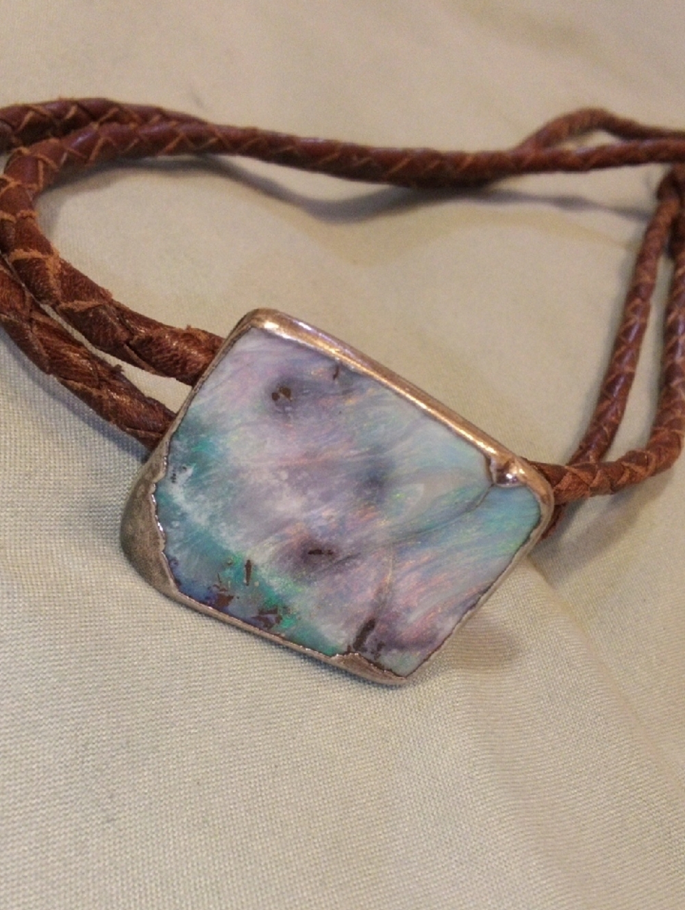 Iridescent Abalone Pendant with Braided Brown Cord